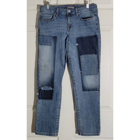 Tommy Hilfiger Women's Size 0 Boyfriend Blue Denim Patchwork Jeans Pre-Owned - Picture 2 of 9